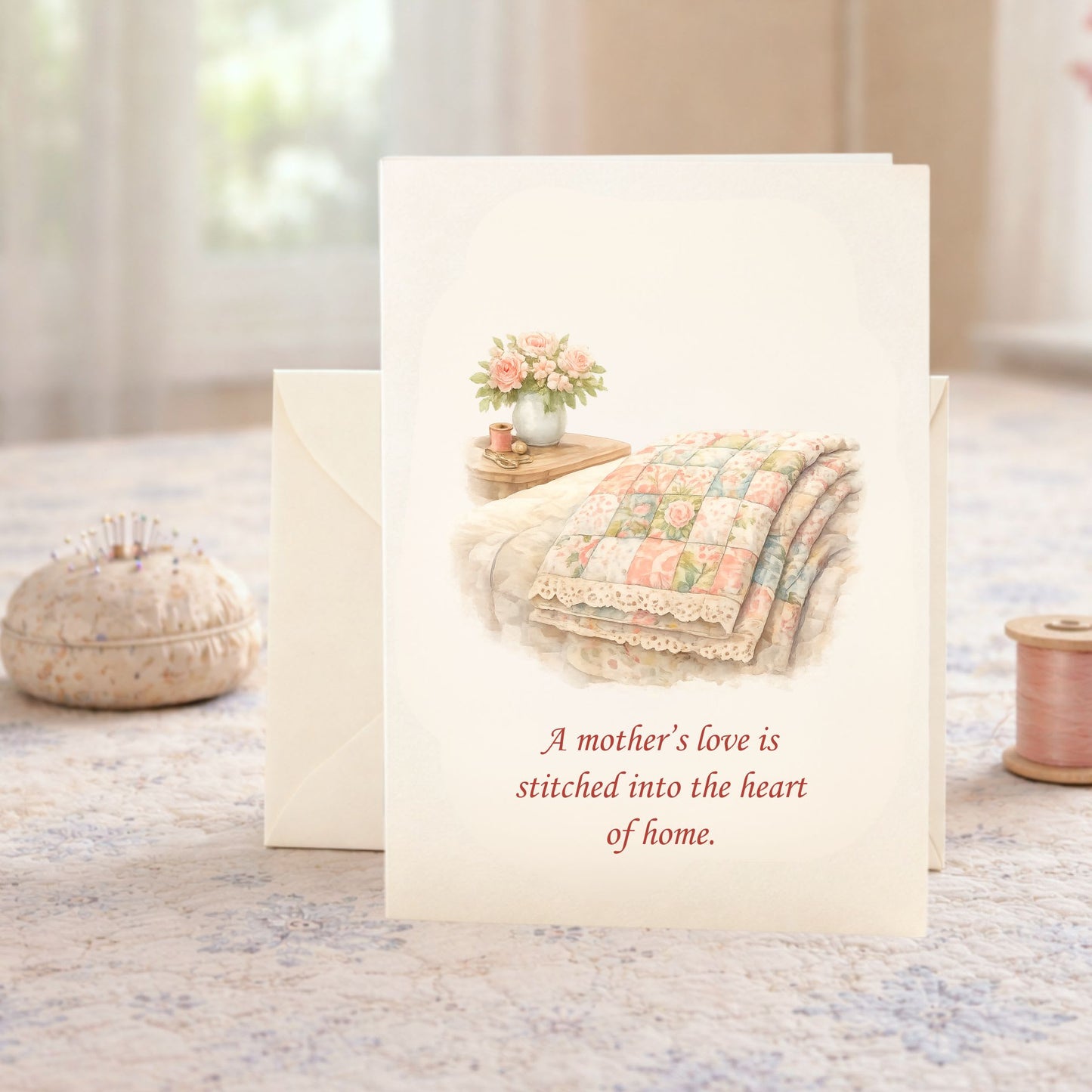 Quilter Gift: A Mother's Day Card - Soft with Patchwork quilt with floral patterns, vintage style, roses and sewing accessories nearby.
