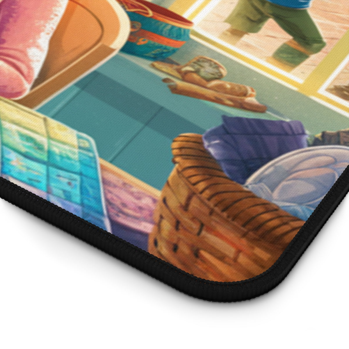 A quilting inspired Desk pad featuring an illustration of a smiling woman quilting at a table, surrounded by colorful fabrics and quilting supplies. Quilts hang on teal walls, and children play outside a sunny window. Text reads "Quilting Keeps the Crazy Away" in playful lettering. Perfect gift for quilters.