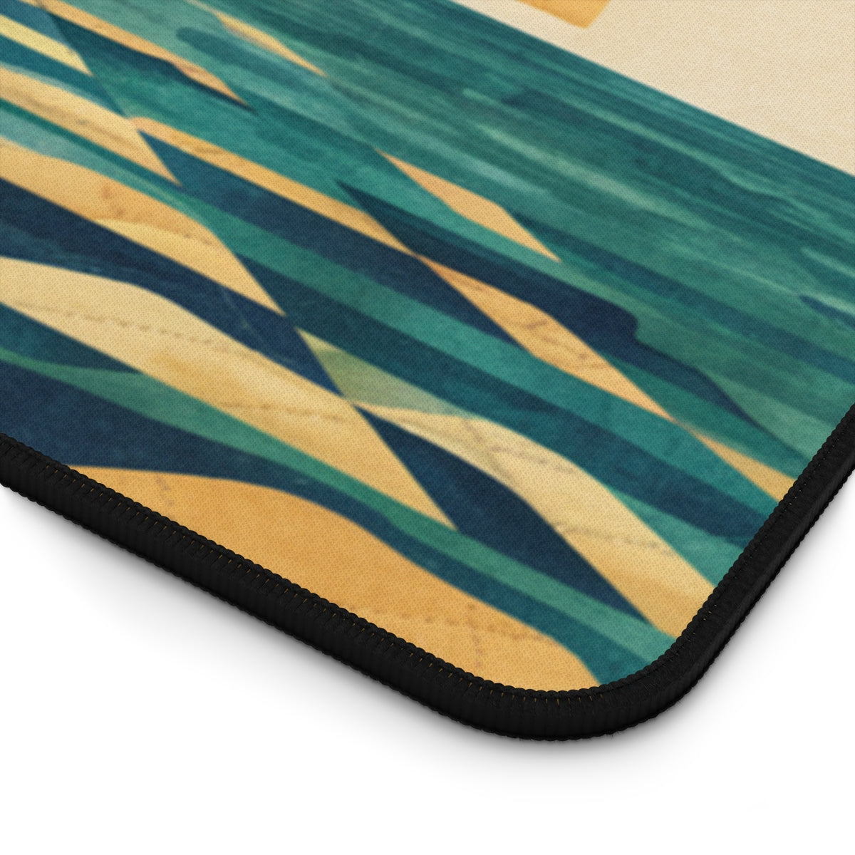 A quilting inspired Desk pad featuring an illustrating a quilted rising sun over a geometric ocean. The sun is golden yellow with visible stitching, while the ocean is composed of teal and yellow patchwork. A butterfly flies near the top right corner. Text reads: "In the embrace of silence, the soul finds its path." Perfect gift for quilters.