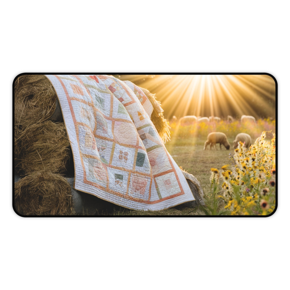 A quilting inspired Desk pad featuring a quilt draped over hay bales in a field at sunset. Sheep graze in the background amidst golden wildflowers. The quilt features a soft, geometric pattern in pastel colors. Perfect gift for quilters.