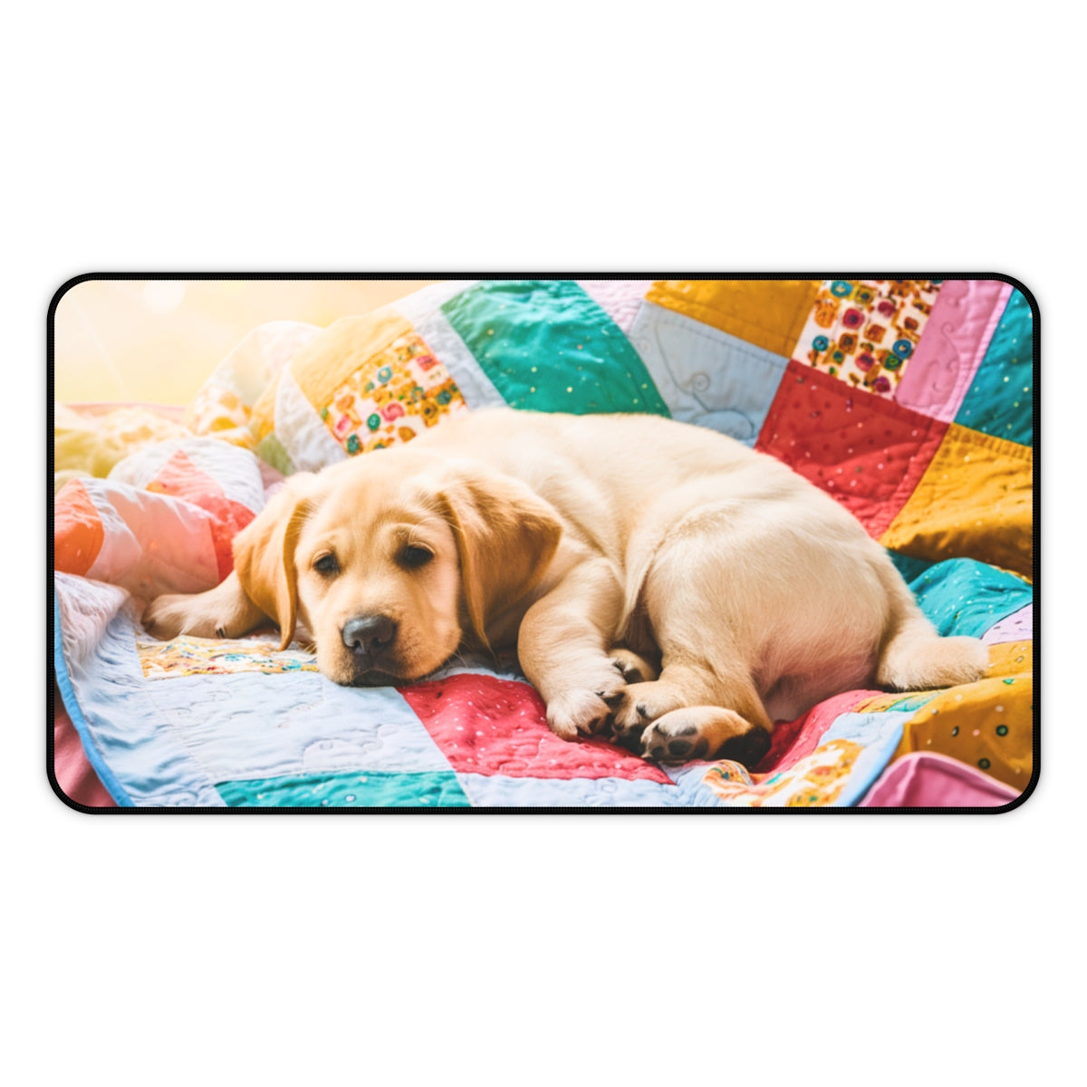 A quilting inspired Desk pad showcasing a sleeping yellow Labrador puppy on a brightly colored summer quilt. The quilt features a patchwork of vibrant colors including red, yellow, green, and blue, with fun geometric patterns, bringing a cheerful summer vibe to your desk. Perfect gift for quilters.