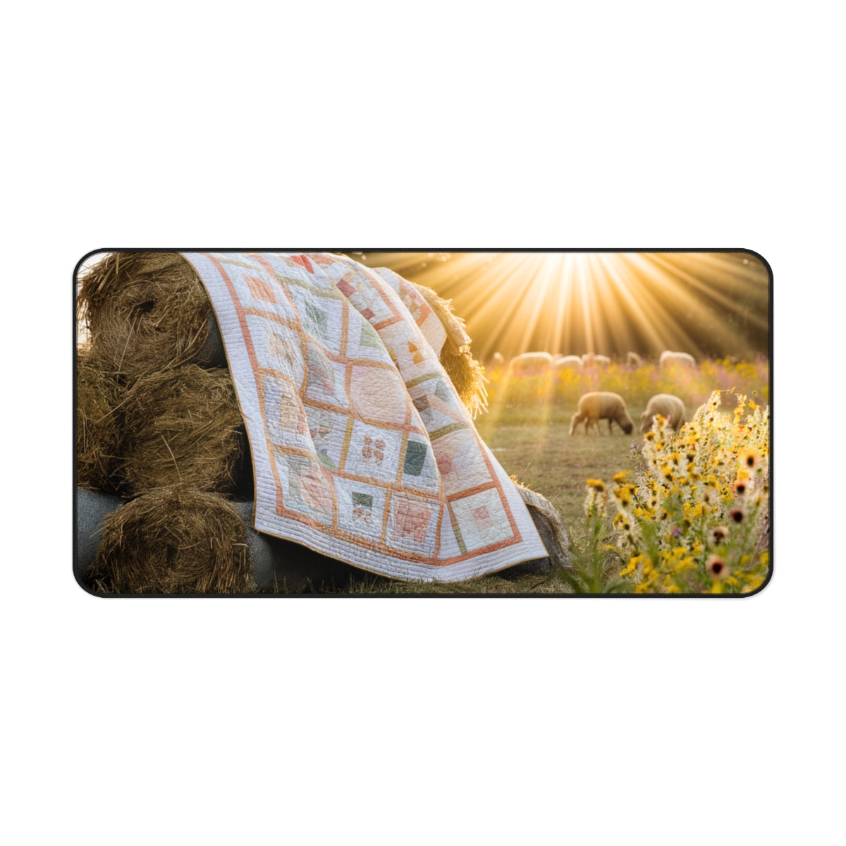 A quilting inspired Desk pad featuring a quilt draped over hay bales in a field at sunset. Sheep graze in the background amidst golden wildflowers. The quilt features a soft, geometric pattern in pastel colors. Perfect gift for quilters.