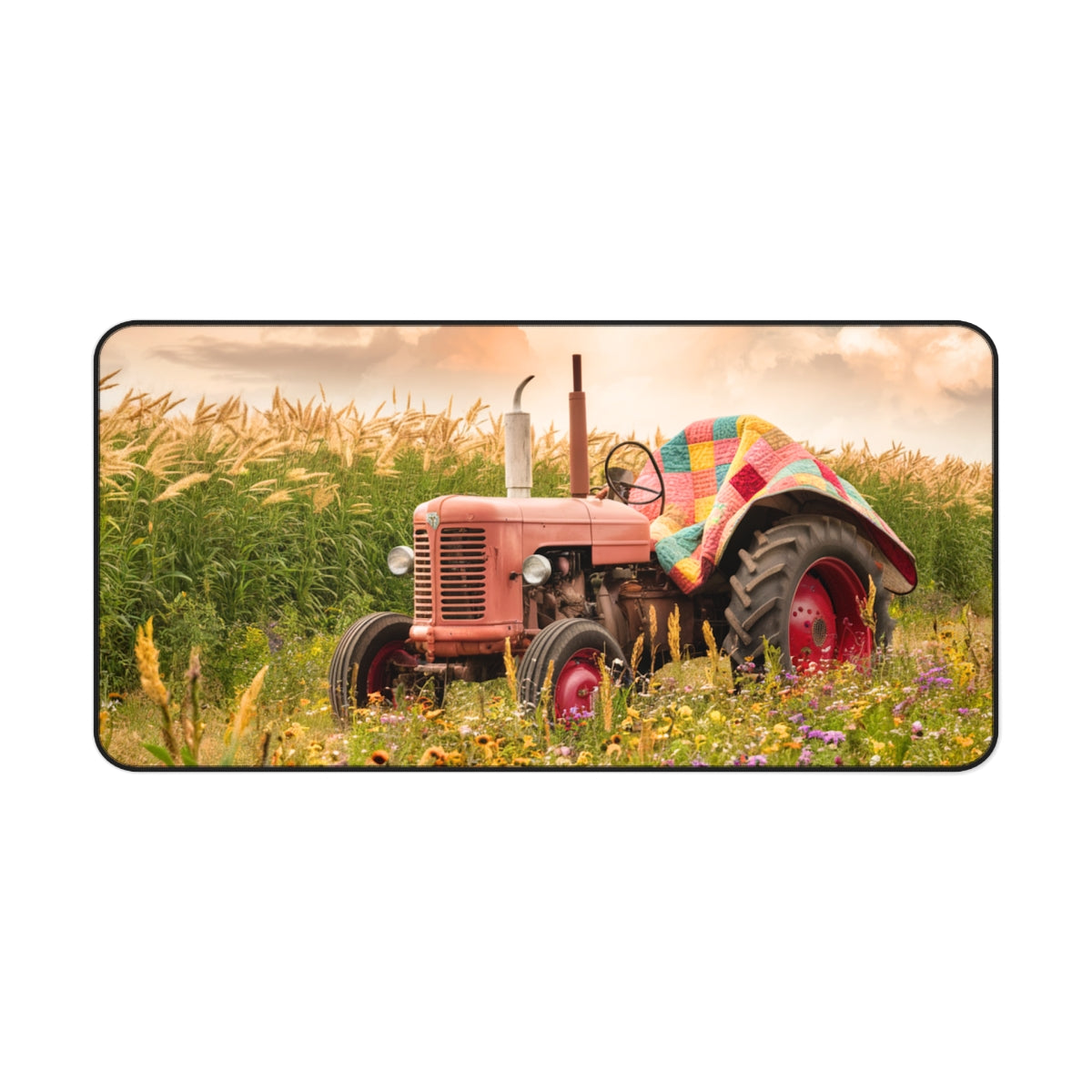 A quilting inspired Desk pad featuring a Vintage  tractor in a wildflower field, partially covered by a colorful patchwork quilt. Golden wheat stalks and a sunset sky create a warm, countryside atmosphere. Perfect gift for quilters.