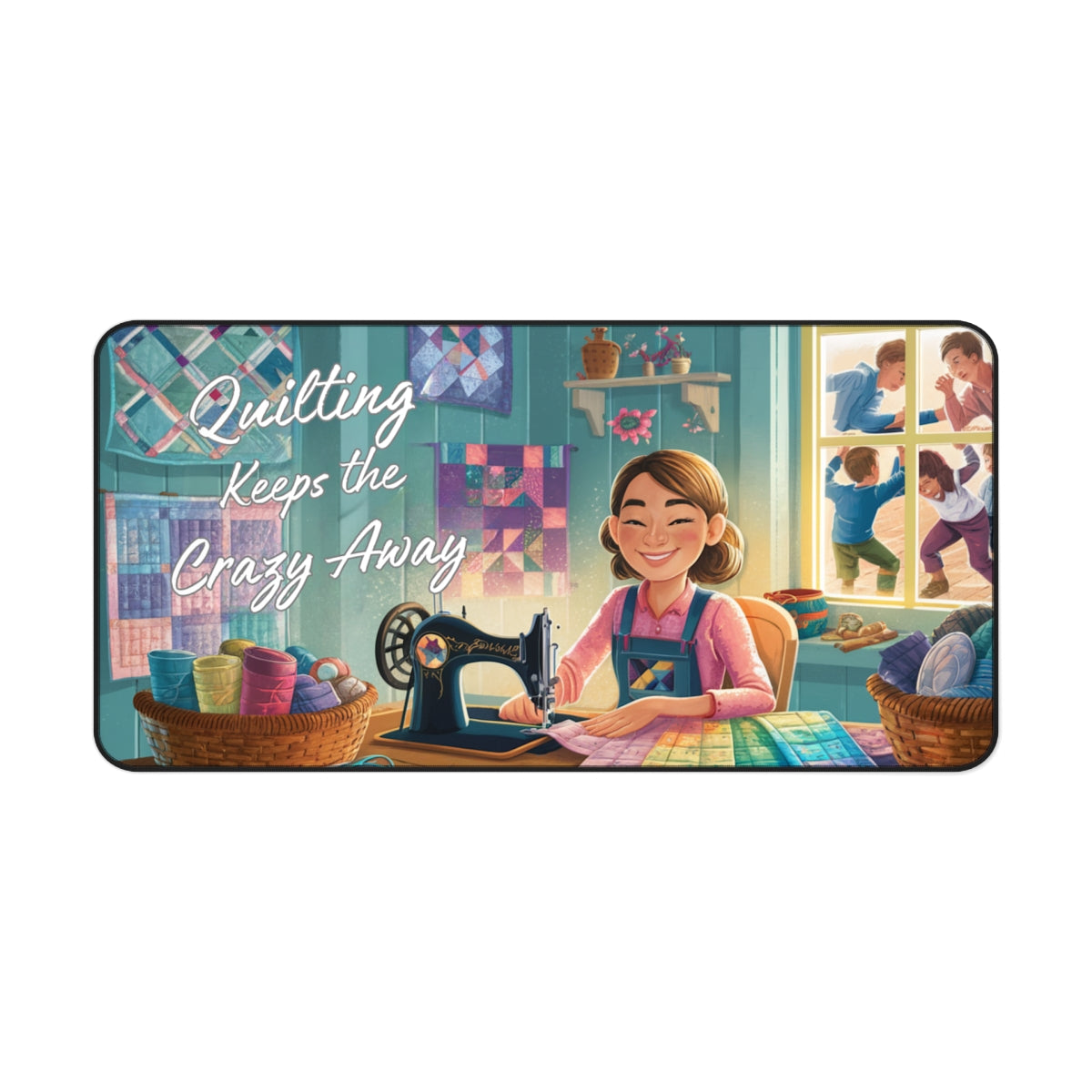 A quilting inspired Desk pad featuring an illustration of a smiling woman quilting at a table, surrounded by colorful fabrics and quilting supplies. Quilts hang on teal walls, and children play outside a sunny window. Text reads "Quilting Keeps the Crazy Away" in playful lettering. Perfect gift for quilters.
