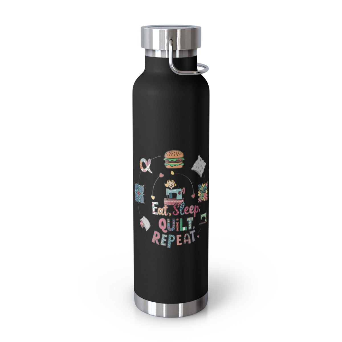 A Black funny quilting-inspired Insulated Bottle with the phrase Eat, Sleep, Quilt, Repeat  showing the cycle of a quilter's day with eating, sleeping, and quilting