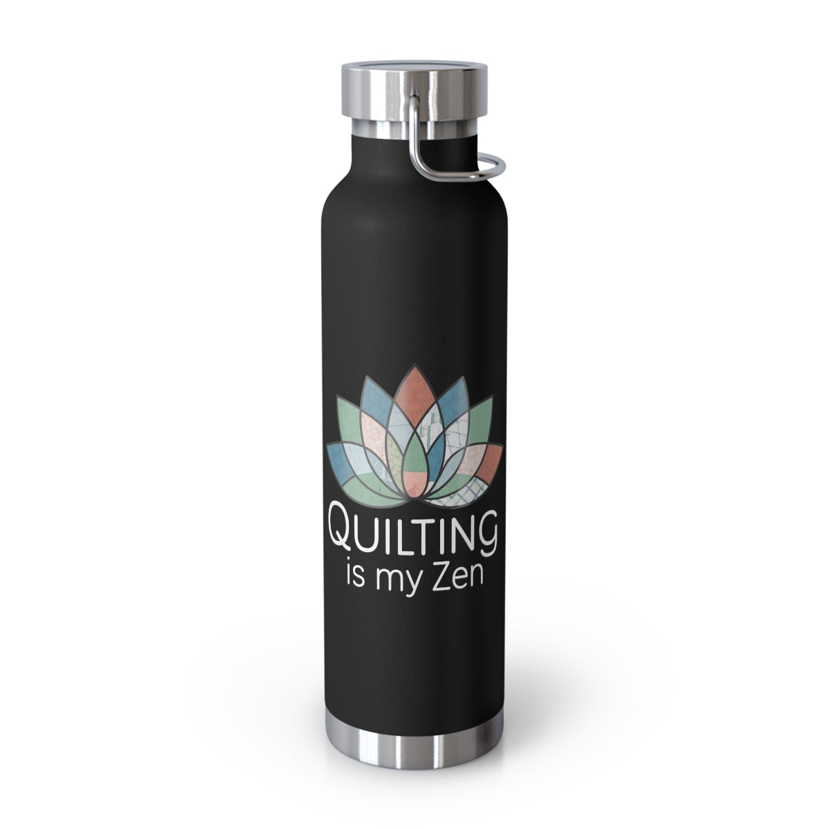 A Black funny quilting-inspired Insulated Bottle with the phrase Quilting is my Zen on a quilting-themed t-shirt with a lotus flower design made of various quilt patterns and textures.