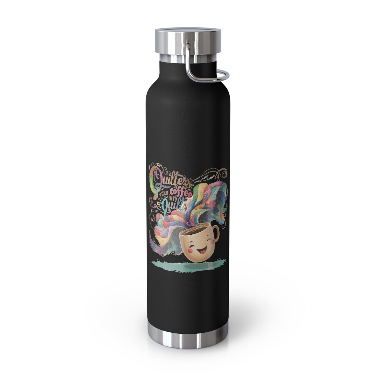 A Black funny quilting-inspired Insulated Bottle with the phrase Quilters Turn Coffee Into Quilts showing a fun coffee cup and quilting design