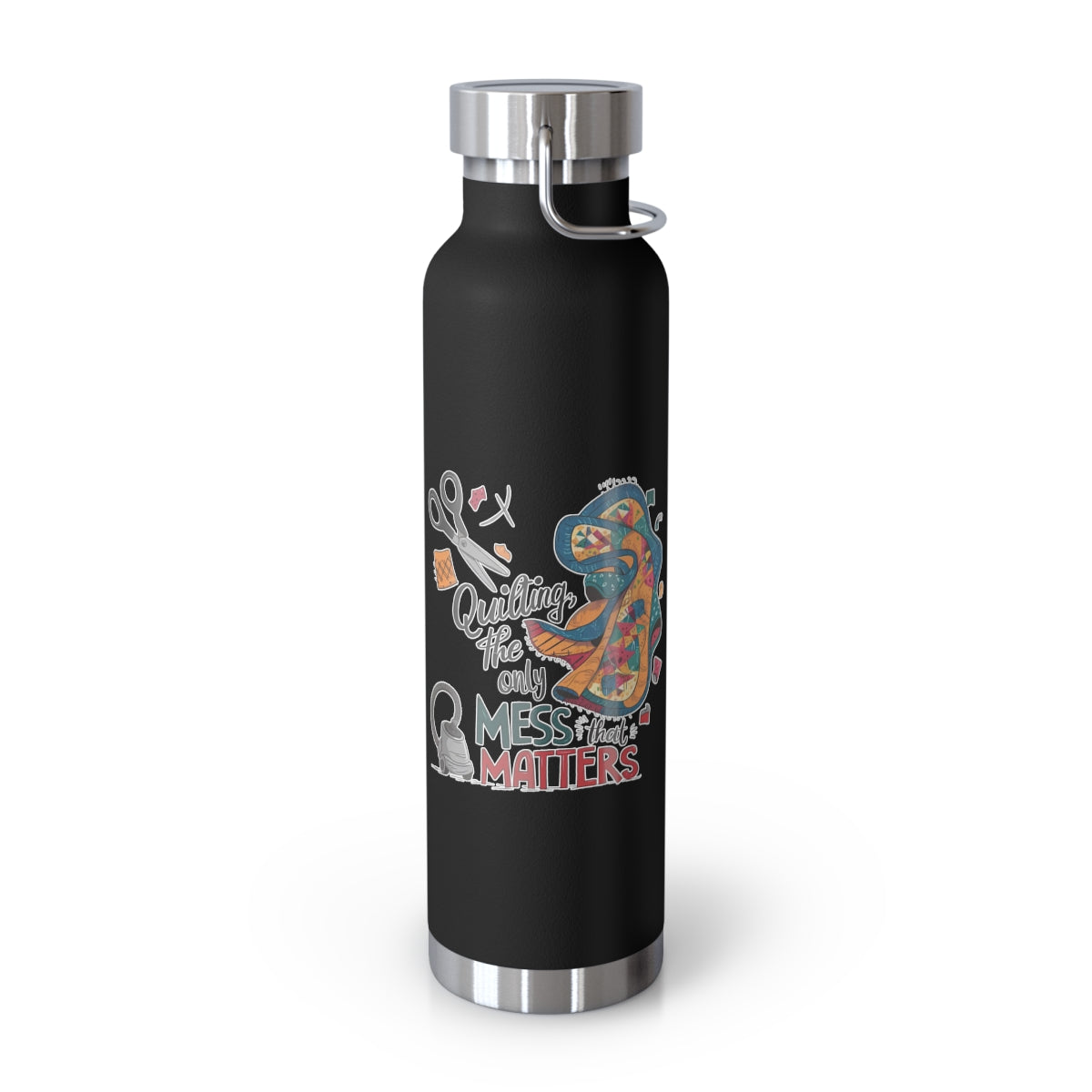 A Black funny quilting-inspired Insulated Bottle with the phrase Quilting, the Only Mess that Matters and illustrations of fabric scraps, scissors, and a vacuum cleaner. Colorful quilt patterns swirl around the text, creating a playful and relatable design for quilting enthusiasts.