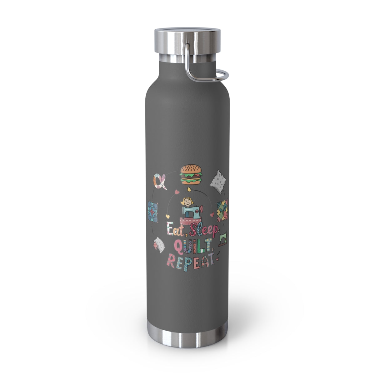 A Grey funny quilting-inspired Insulated Bottle with the phrase Eat, Sleep, Quilt, Repeat  showing the cycle of a quilter's day with eating, sleeping, and quilting