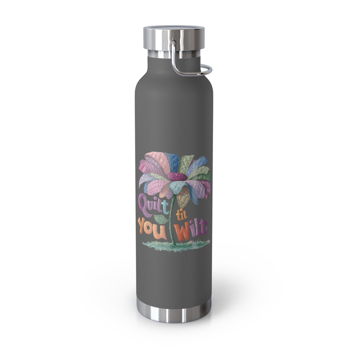 A Black funny quilting-inspired Insulated Bottle with the phrase Quilt 'Till You Wilt showing a cheerful, but slightly wilted quilted flower design