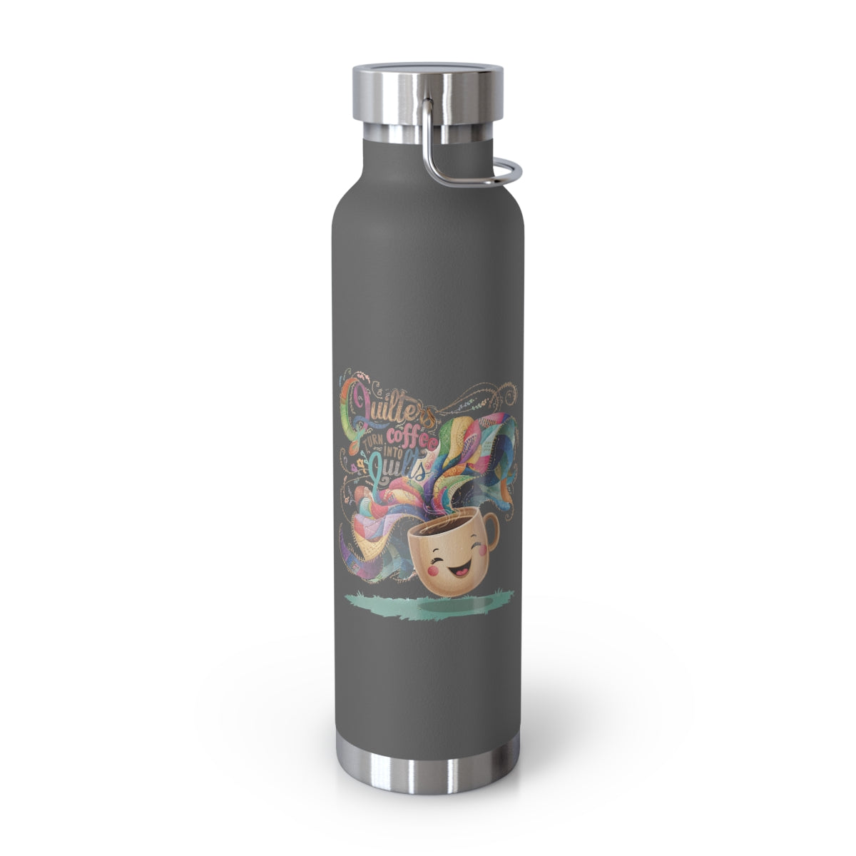 A Grey funny quilting-inspired Insulated Bottle with the phrase Quilters Turn Coffee Into Quilts showing a fun coffee cup and quilting design