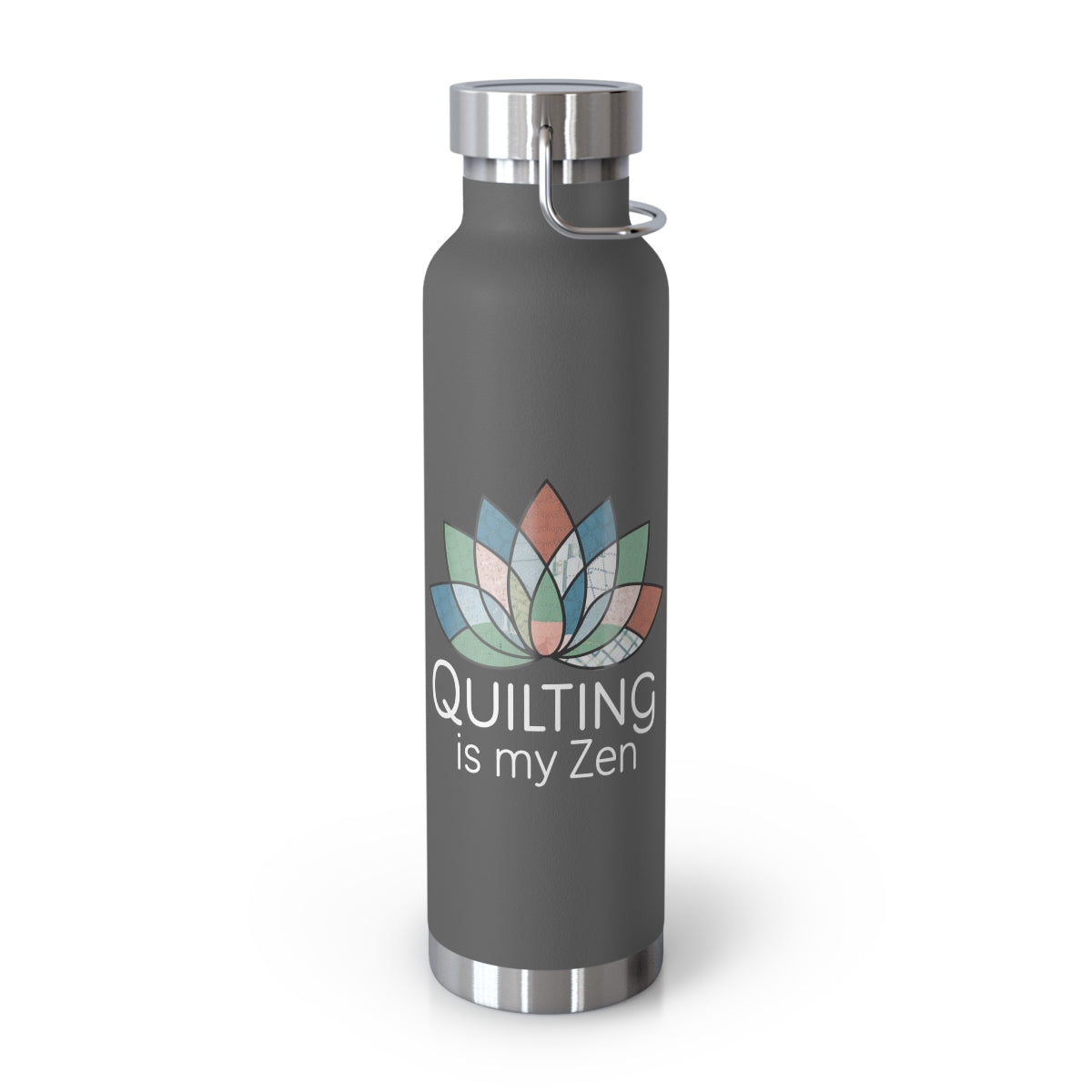 A Grey funny quilting-inspired Insulated Bottle with the phrase Quilting is my Zen on a quilting-themed t-shirt with a lotus flower design made of various quilt patterns and textures.