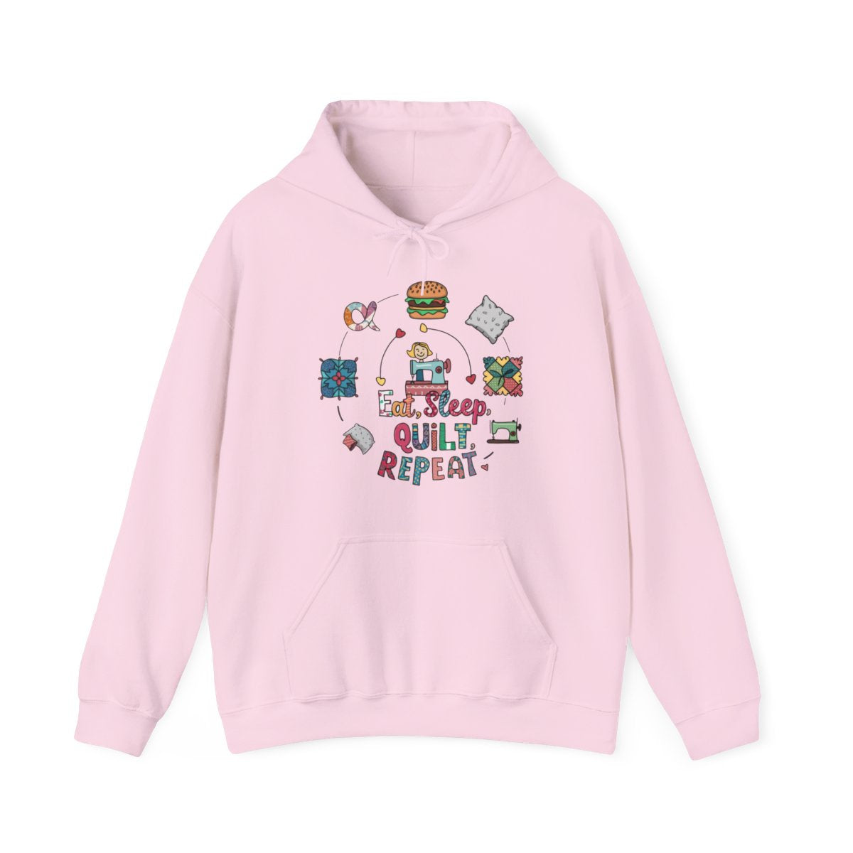 A Light Pink funny Hoodie with the phrase Eat, Sleep, Quilt, Repeat showing the cycle of a quilter's day with eating, sleeping, and quilting