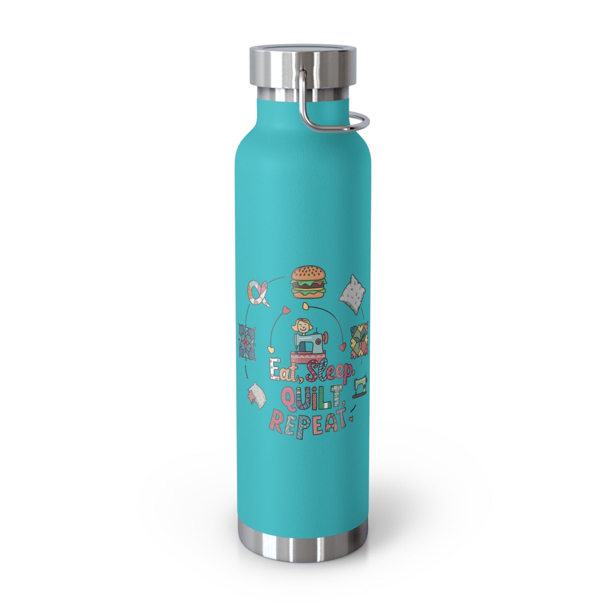 A Mint Green funny quilting-inspired Insulated Bottle with the phrase Eat, Sleep, Quilt, Repeat  showing the cycle of a quilter's day with eating, sleeping, and quilting