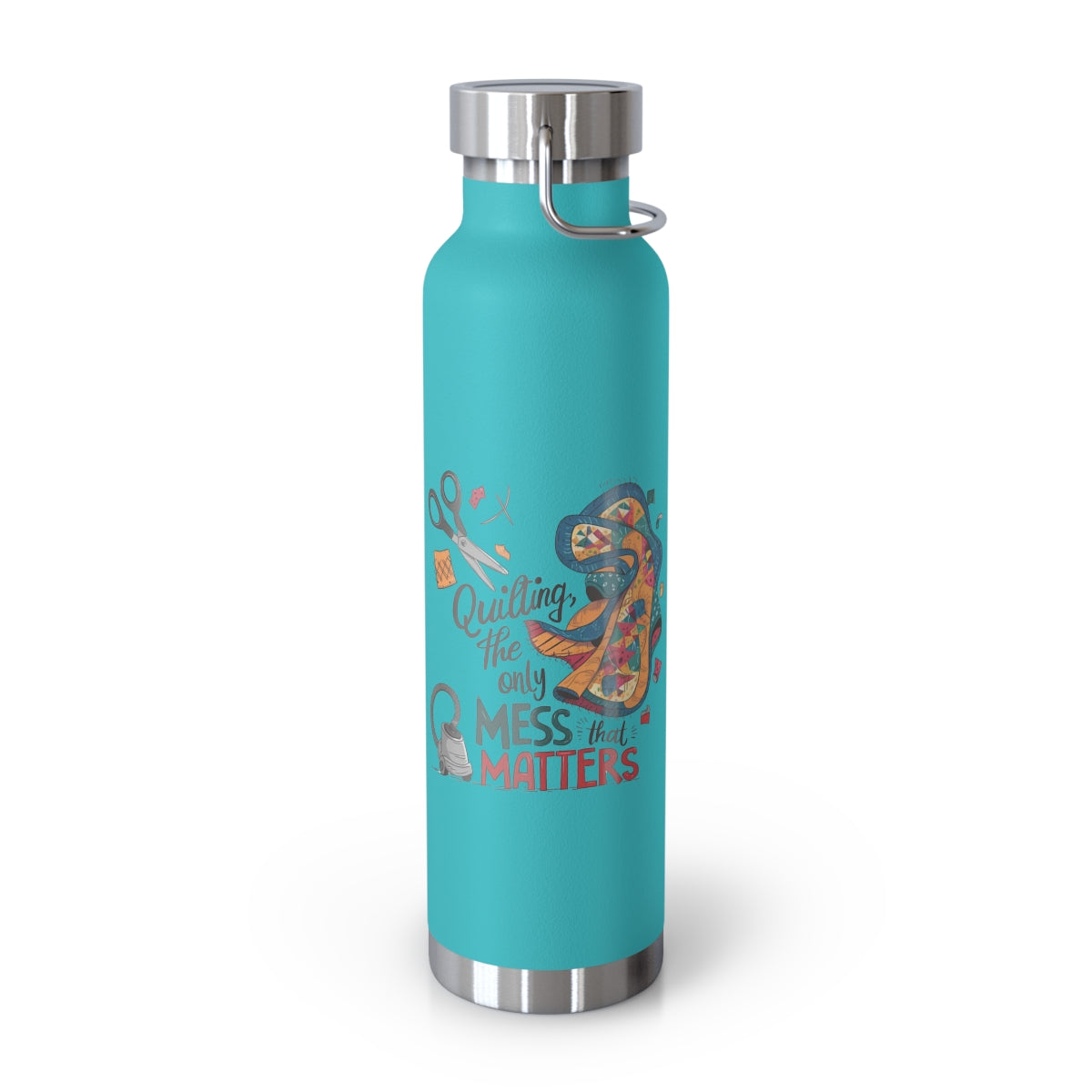 A Mint Green funny quilting-inspired Insulated Bottle with the phrase Quilting, the Only Mess that Matters and illustrations of fabric scraps, scissors, and a vacuum cleaner. Colorful quilt patterns swirl around the text, creating a playful and relatable design for quilting enthusiasts.