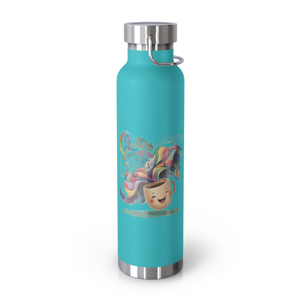 A Mint Green funny quilting-inspired Insulated Bottle with the phrase Quilters Turn Coffee Into Quilts showing a fun coffee cup and quilting design