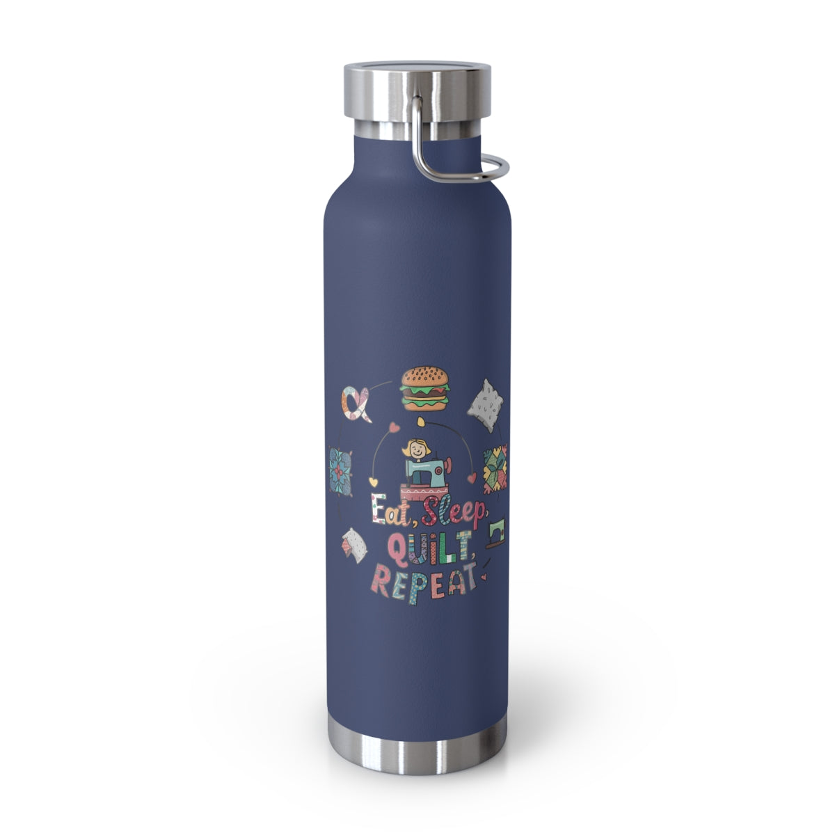 A Navy funny quilting-inspired Insulated Bottle with the phrase Eat, Sleep, Quilt, Repeat  showing the cycle of a quilter's day with eating, sleeping, and quilting