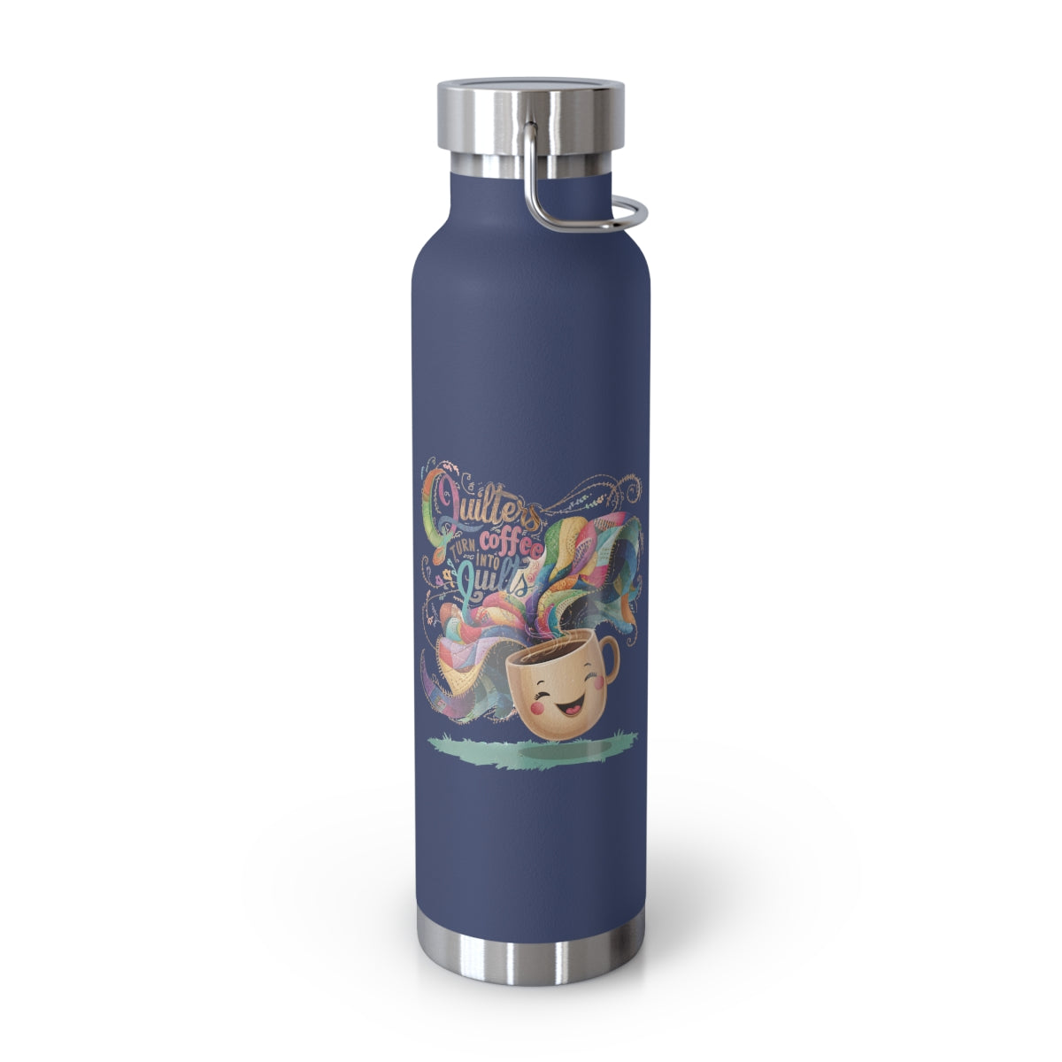 A Navy funny quilting-inspired Insulated Bottle with the phrase Quilters Turn Coffee Into Quilts showing a fun coffee cup and quilting design