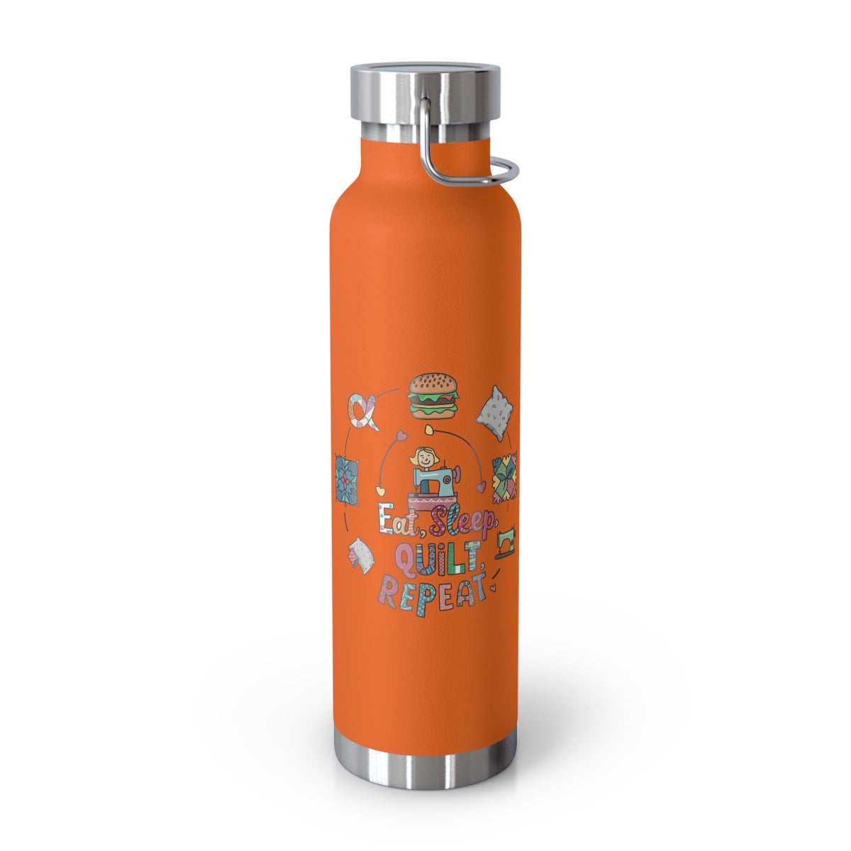 An Orange funny quilting-inspired Insulated Bottle with the phrase Eat, Sleep, Quilt, Repeat  showing the cycle of a quilter's day with eating, sleeping, and quilting
