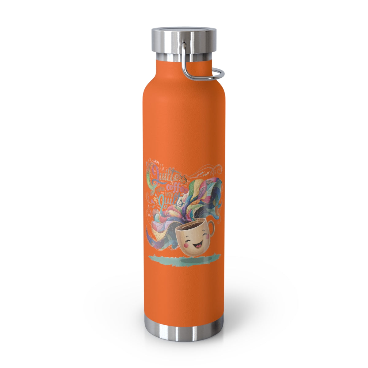 An Orange funny quilting-inspired Insulated Bottle with the phrase Quilters Turn Coffee Into Quilts showing a fun coffee cup and quilting design