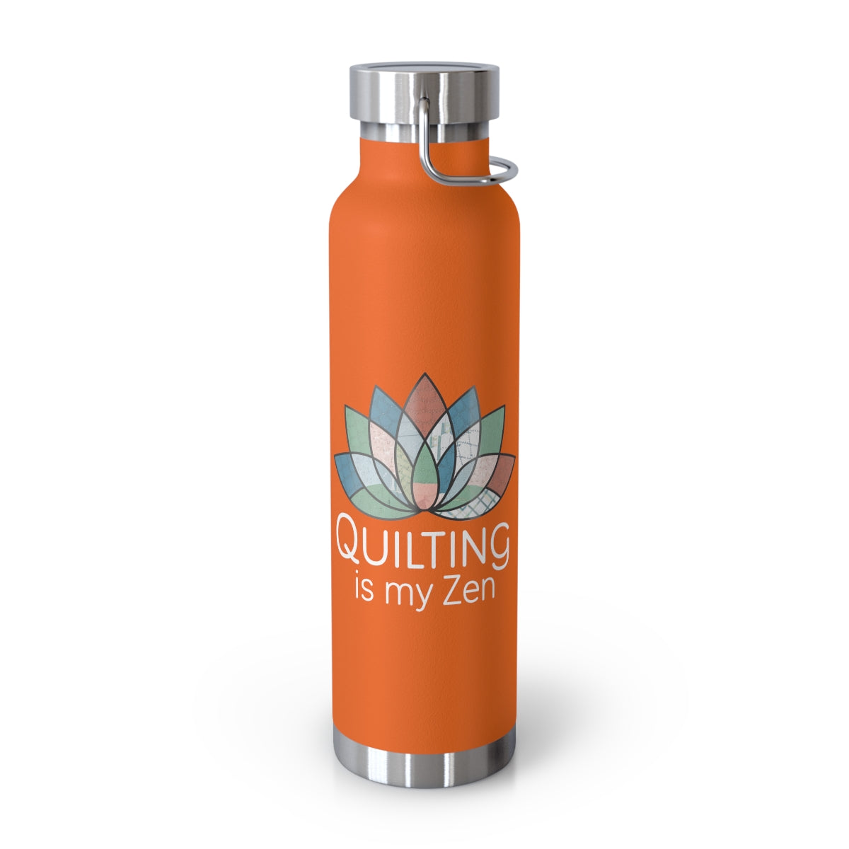 An Orange funny quilting-inspired Insulated Bottle with the phrase Quilting is my Zen on a quilting-themed t-shirt with a lotus flower design made of various quilt patterns and textures.