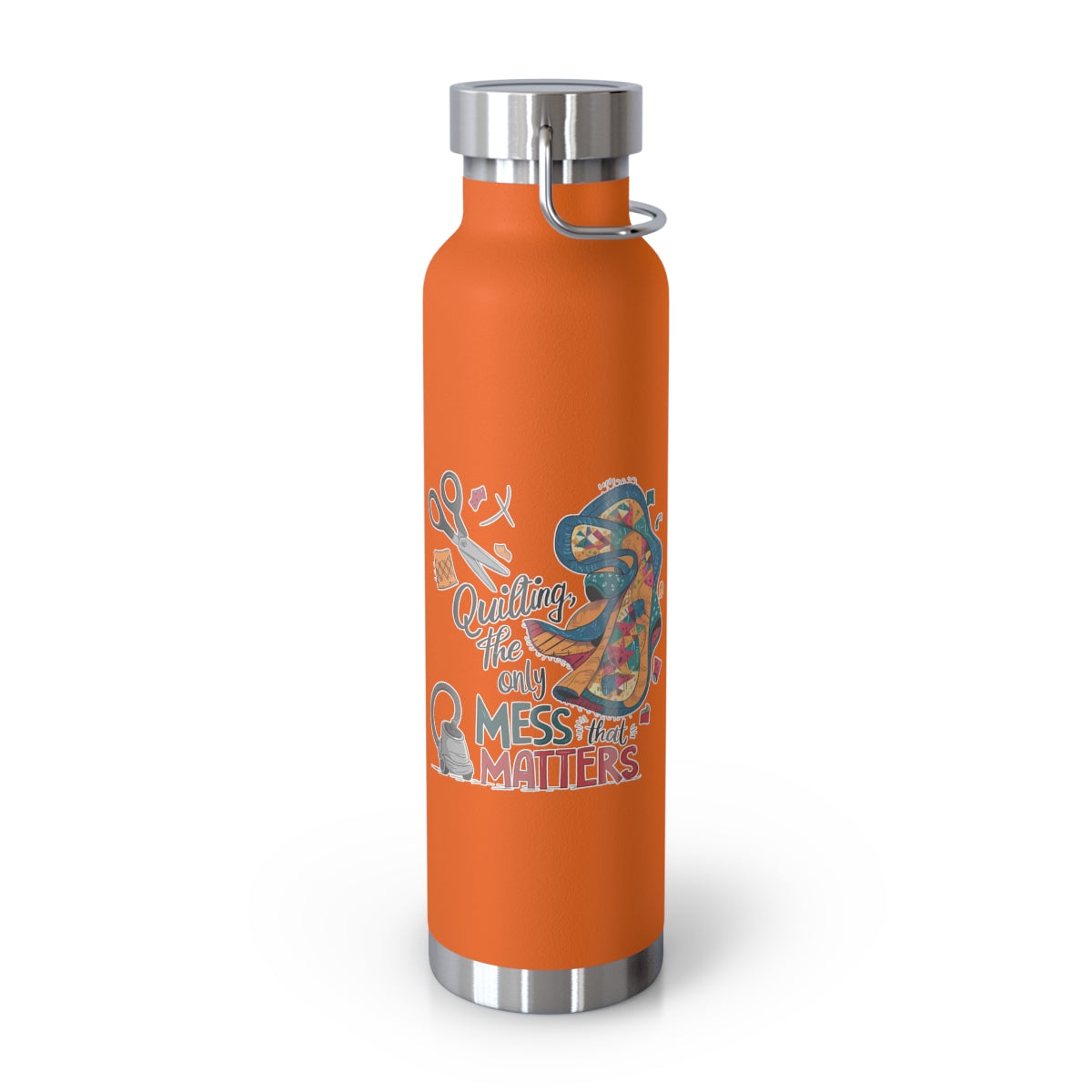 An Orange funny quilting-inspired Insulated Bottle with the phrase Quilting, the Only Mess that Matters and illustrations of fabric scraps, scissors, and a vacuum cleaner. Colorful quilt patterns swirl around the text, creating a playful and relatable design for quilting enthusiasts.