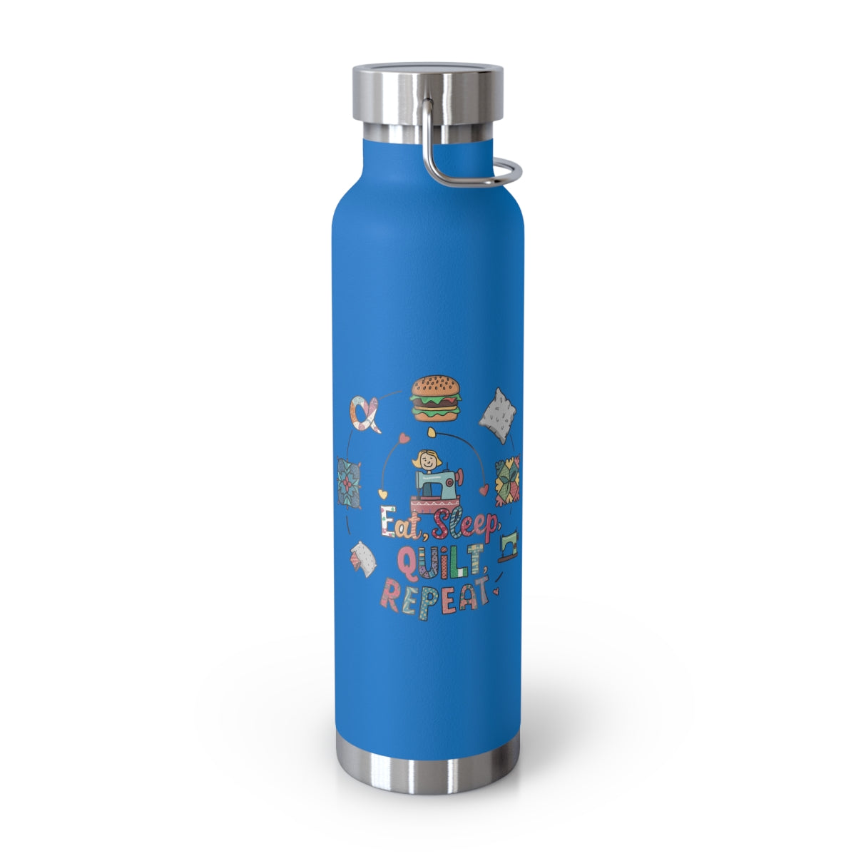 A Pebble Blue funny quilting-inspired Insulated Bottle with the phrase Eat, Sleep, Quilt, Repeat  showing the cycle of a quilter's day with eating, sleeping, and quilting