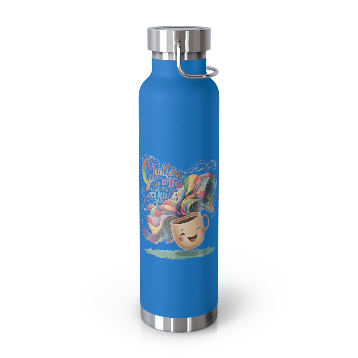 A Pebble Blue funny quilting-inspired Insulated Bottle with the phrase Quilters Turn Coffee Into Quilts showing a fun coffee cup and quilting design