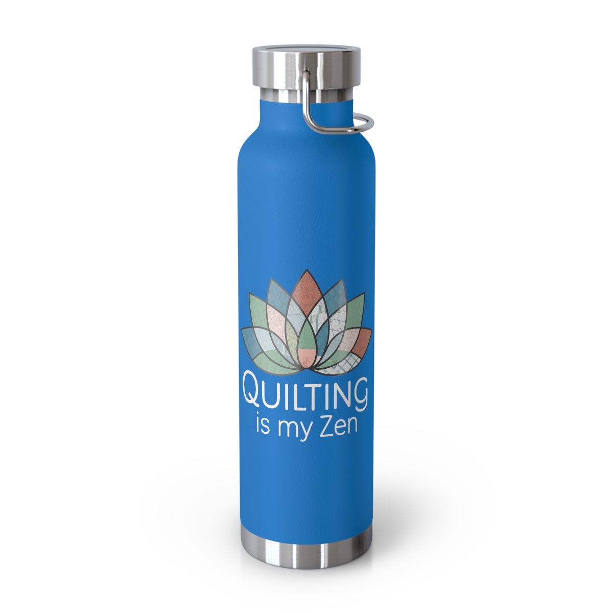 A Pebble Blue funny quilting-inspired Insulated Bottle with the phrase Quilting is my Zen on a quilting-themed t-shirt with a lotus flower design made of various quilt patterns and textures.