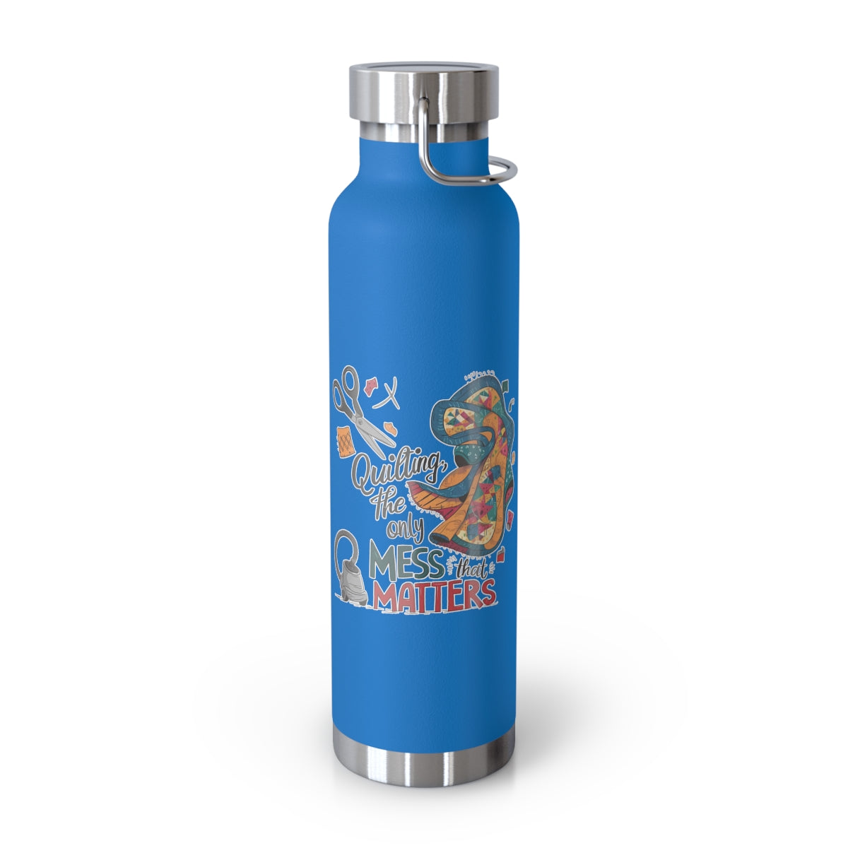A Pebble Blue funny quilting-inspired Insulated Bottle with the phrase Quilting, the Only Mess that Matters and illustrations of fabric scraps, scissors, and a vacuum cleaner. Colorful quilt patterns swirl around the text, creating a playful and relatable design for quilting enthusiasts.