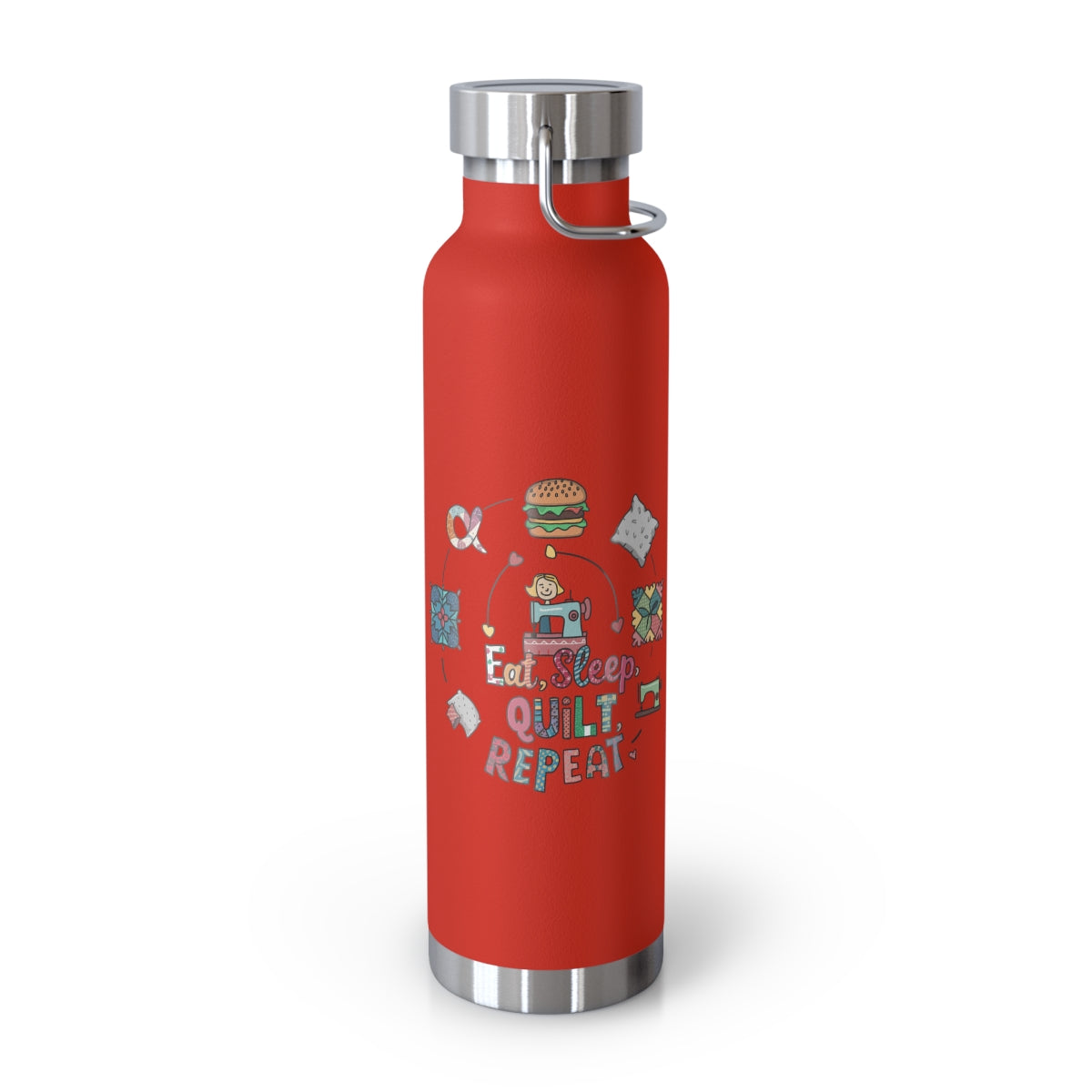 A Red funny quilting-inspired Insulated Bottle with the phrase Eat, Sleep, Quilt, Repeat  showing the cycle of a quilter's day with eating, sleeping, and quilting