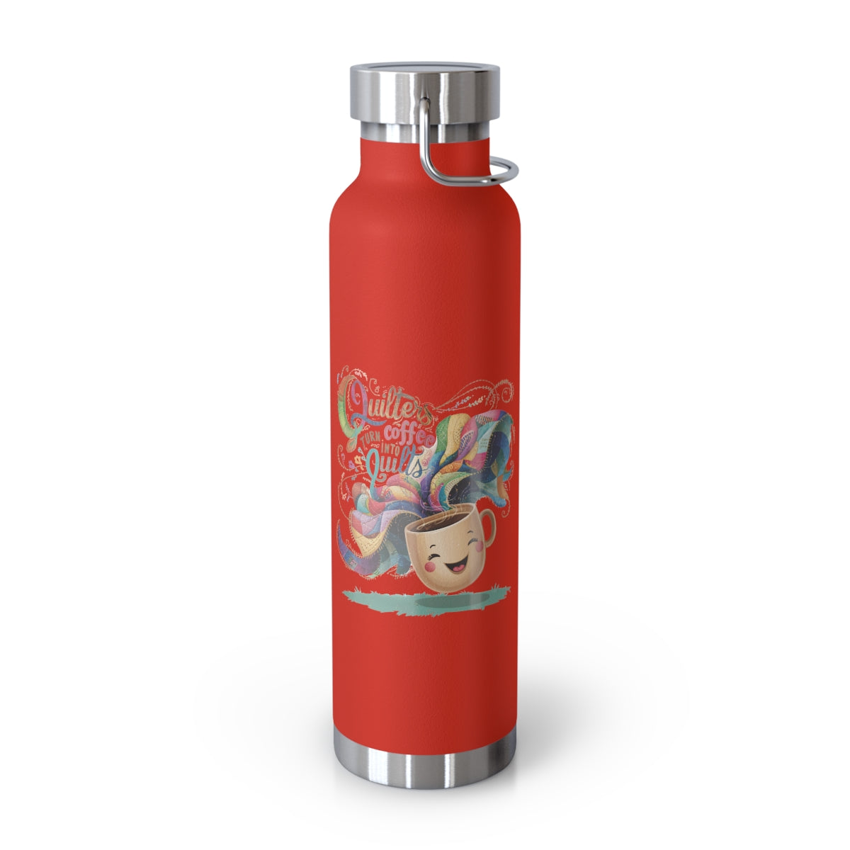 A Red funny quilting-inspired Insulated Bottle with the phrase Quilters Turn Coffee Into Quilts showing a fun coffee cup and quilting design