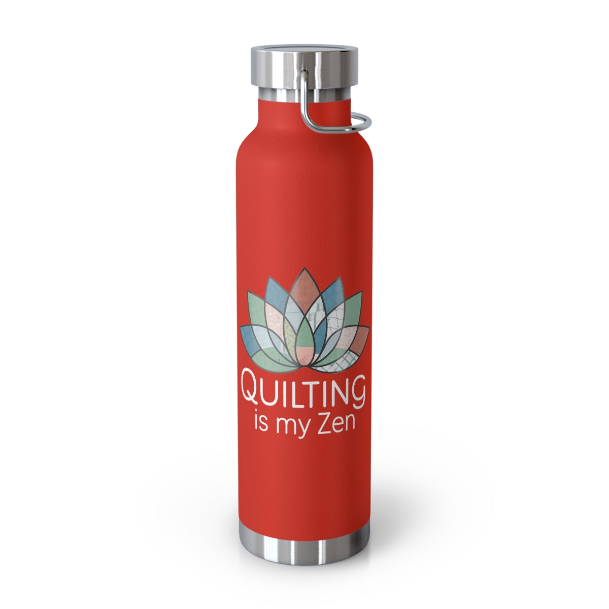 A Red funny quilting-inspired Insulated Bottle with the phrase Quilting is my Zen on a quilting-themed t-shirt with a lotus flower design made of various quilt patterns and textures.