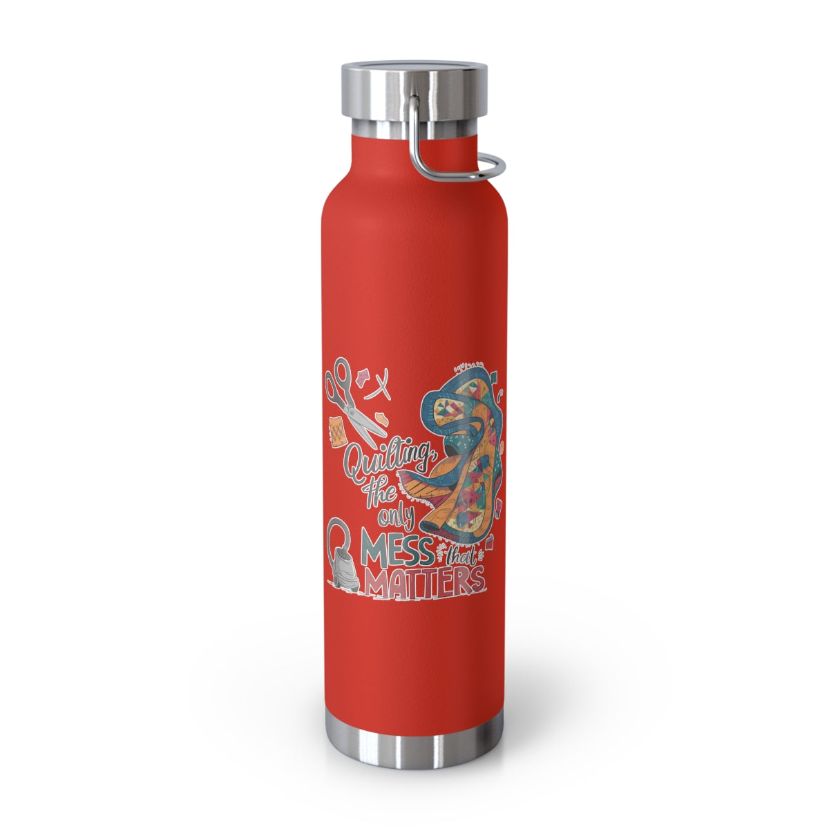 A Red funny quilting-inspired Insulated Bottle with the phrase Quilting, the Only Mess that Matters and illustrations of fabric scraps, scissors, and a vacuum cleaner. Colorful quilt patterns swirl around the text, creating a playful and relatable design for quilting enthusiasts.