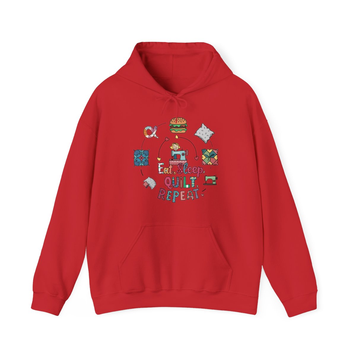 A Red funny Hoodie with the phrase Eat, Sleep, Quilt, Repeat showing the cycle of a quilter's day with eating, sleeping, and quilting