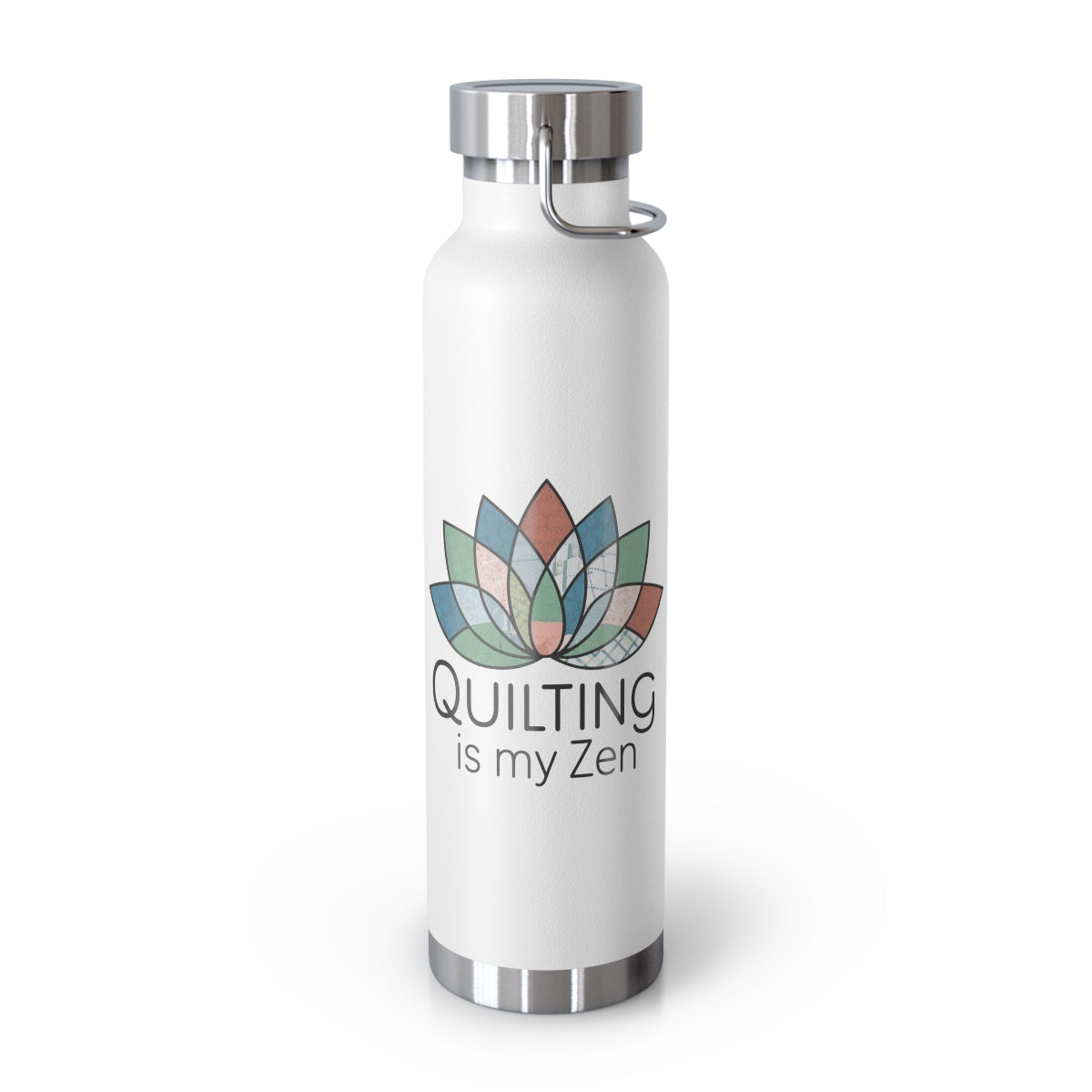 A White funny quilting-inspired Insulated Bottle with the phrase Quilting is my Zen on a quilting-themed t-shirt with a lotus flower design made of various quilt patterns and textures.