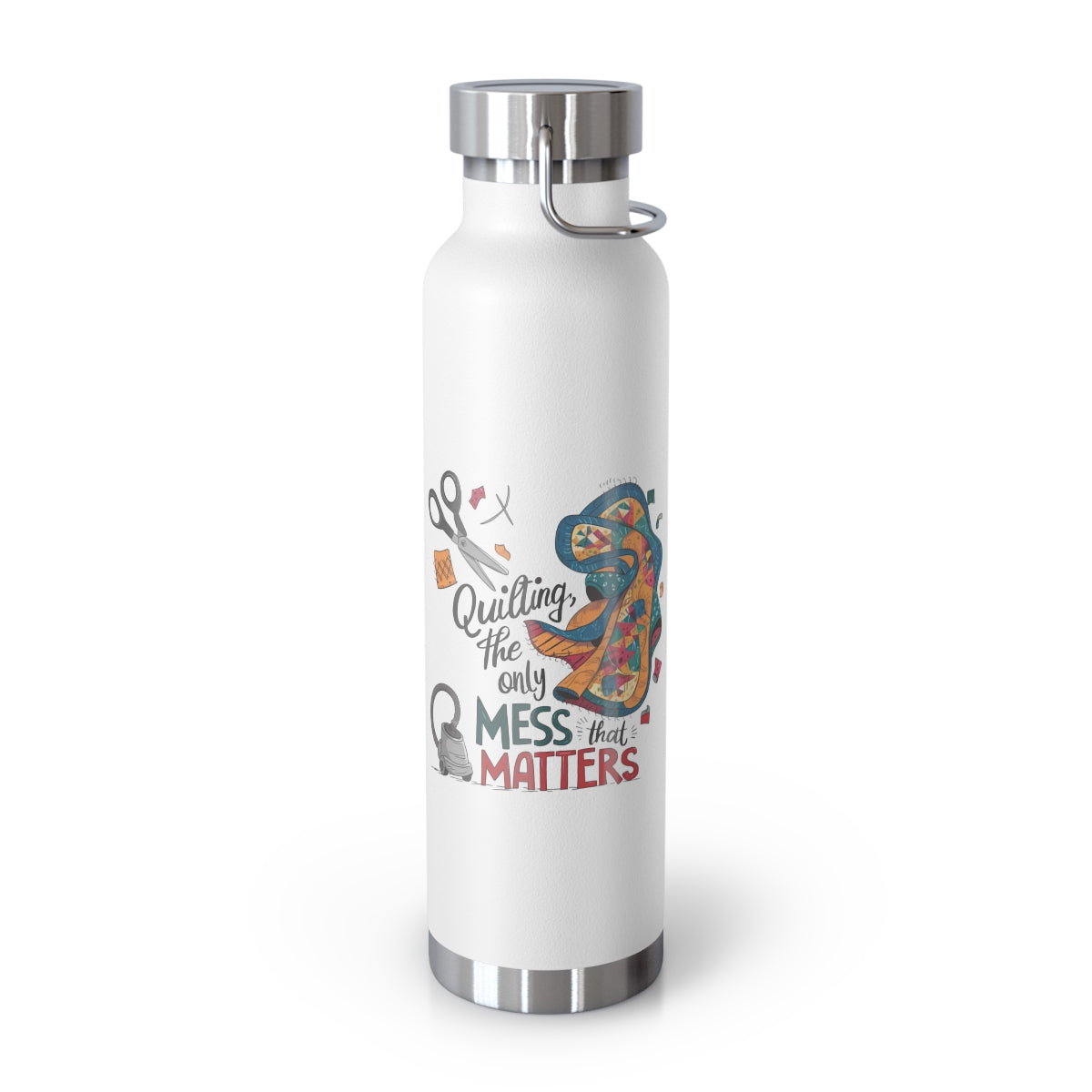 A White funny quilting-inspired Insulated Bottle with the phrase Quilting, the Only Mess that Matters and illustrations of fabric scraps, scissors, and a vacuum cleaner. Colorful quilt patterns swirl around the text, creating a playful and relatable design for quilting enthusiasts.