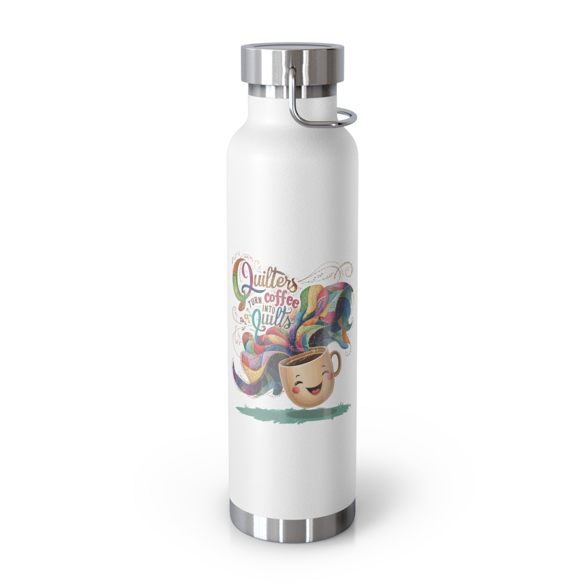 A White funny quilting-inspired Insulated Bottle with the phrase Quilters Turn Coffee Into Quilts showing a fun coffee cup and quilting design