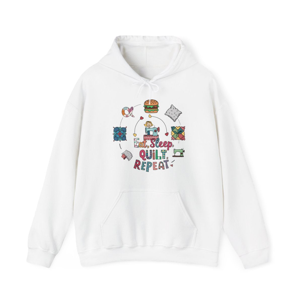 A White funny Hoodie with the phrase Eat, Sleep, Quilt, Repeat showing the cycle of a quilter's day with eating, sleeping, and quilting