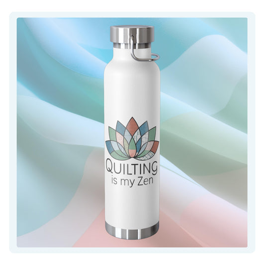 A funny quilting-inspired Insulated Bottle with the phrase Quilting is my Zen on a quilting-themed t-shirt with a lotus flower design made of various quilt patterns and textures.