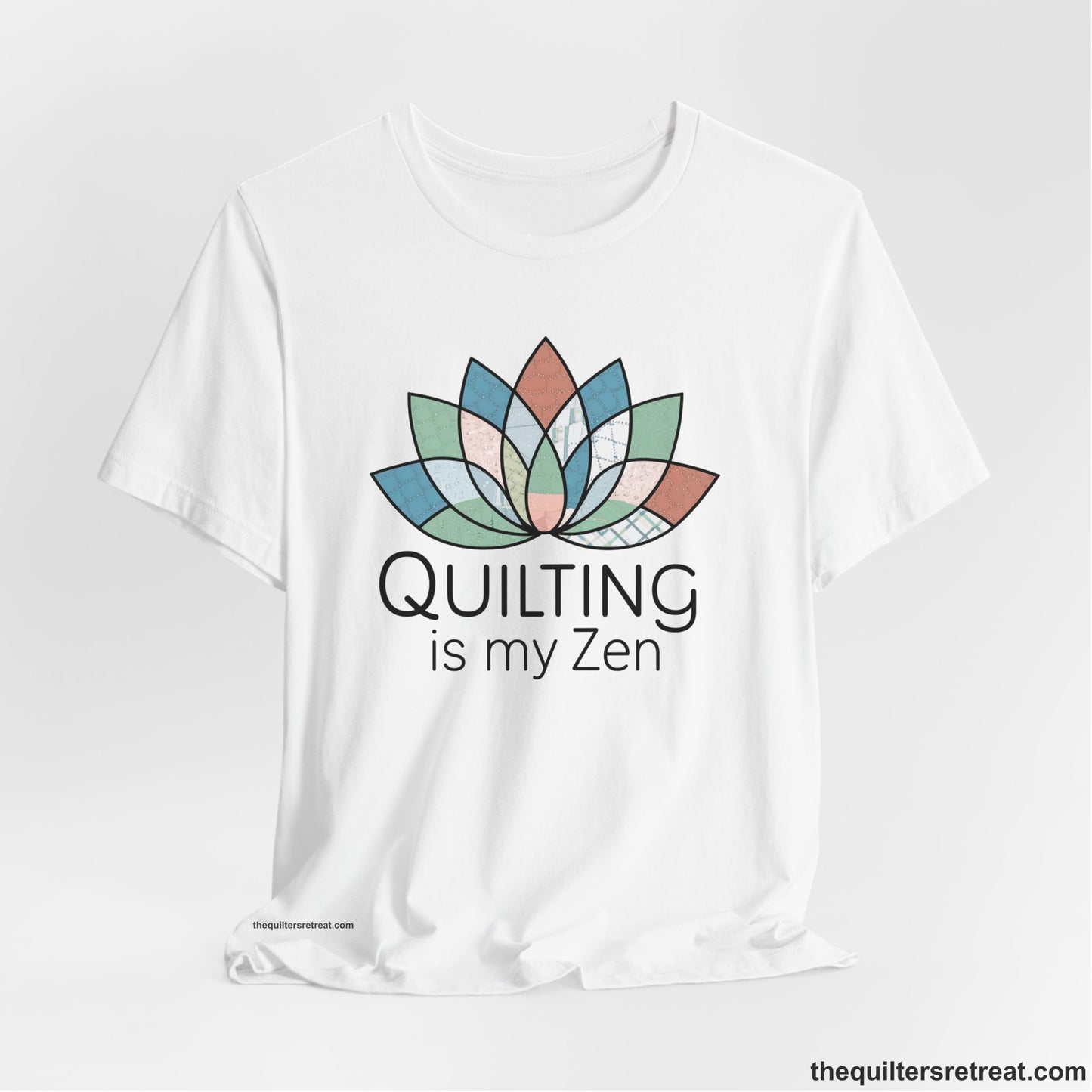 A White Short Sleeve T-Shirt with a floral quilt pattern with "Quilting is my Zen" text in a calm, soothing design