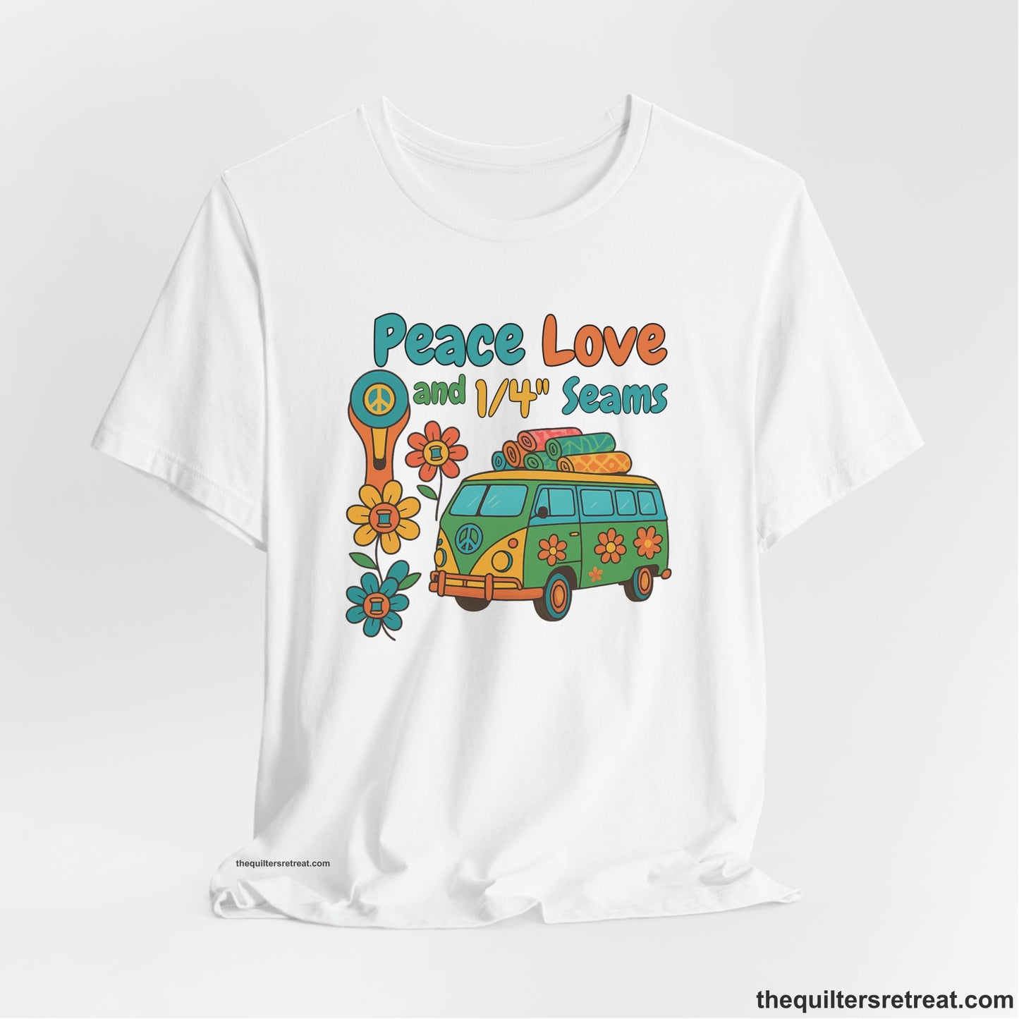 A White Short Sleeve T-Shirt with a peace sign van with colorful flowers and "Peace Love and 1/4 Seams" text in retro style