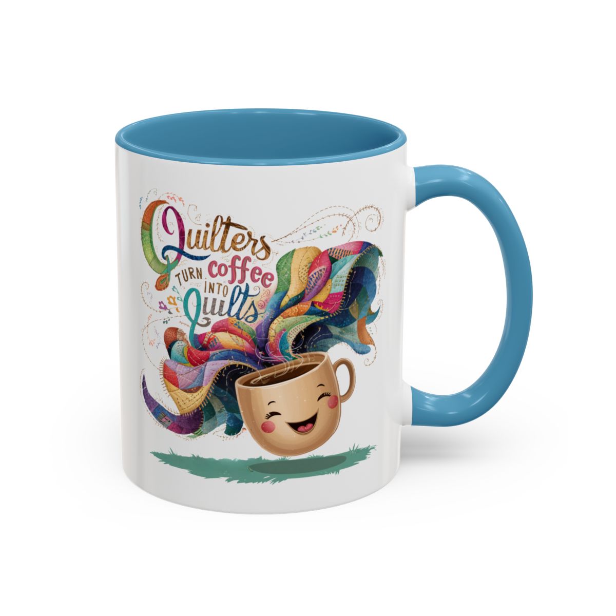 A Light Blue funnyny Ceramic Mug with the phrase Quilters Turn Coffee Into Quilts showing A Light Blue funny coffee cup and quilting design