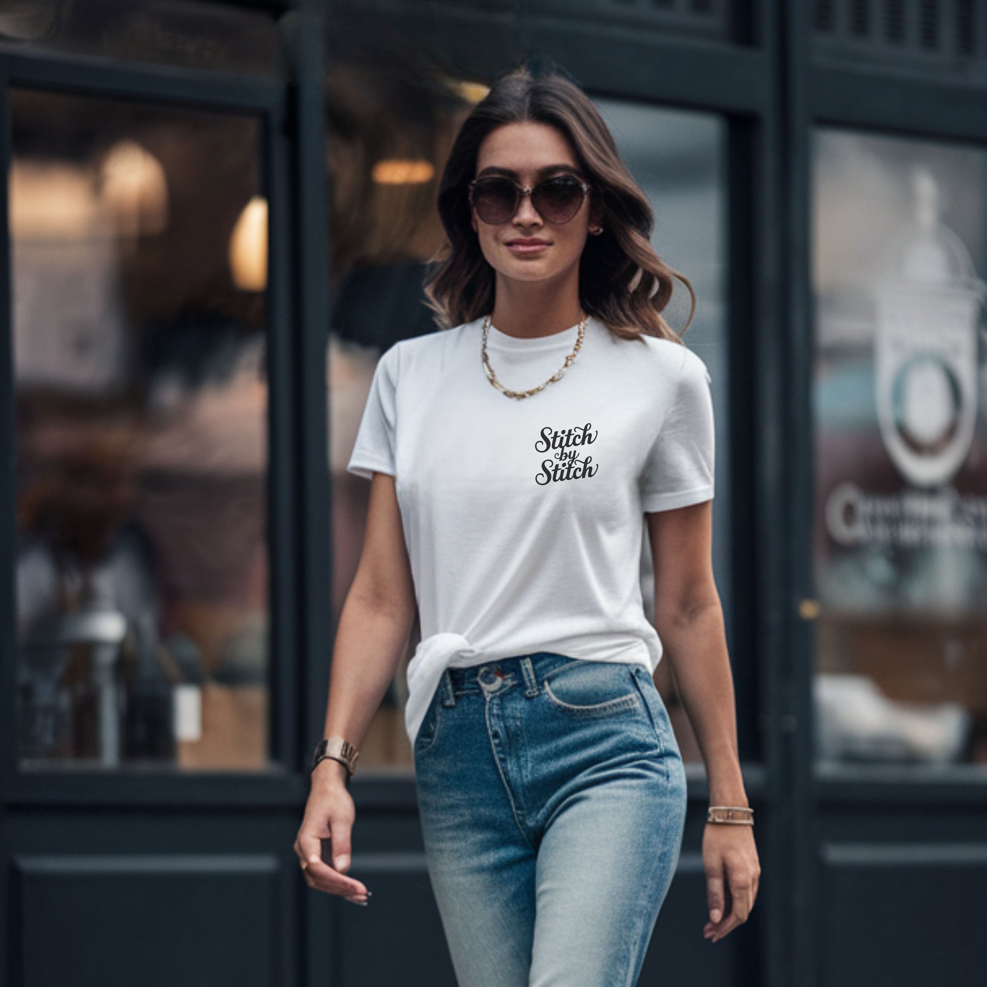 A T-Shirt featuring the phrase "Stitch by Stitch". The word "Stitch" is written twice in a flowing script font, while "by" is centered between them in a smaller, sans-serif font. The design has a clean, minimalist aesthetic.