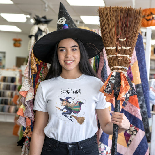 Broom Riding Stitch Witch Funny Quilting T-Shirt