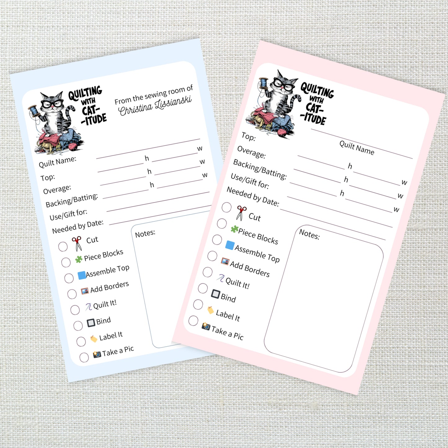 Handmade Quilting Project Planner Notepad – "Quilting with Cat-itude" - Fun Quilt Tracker for Quilters (Personalization available)