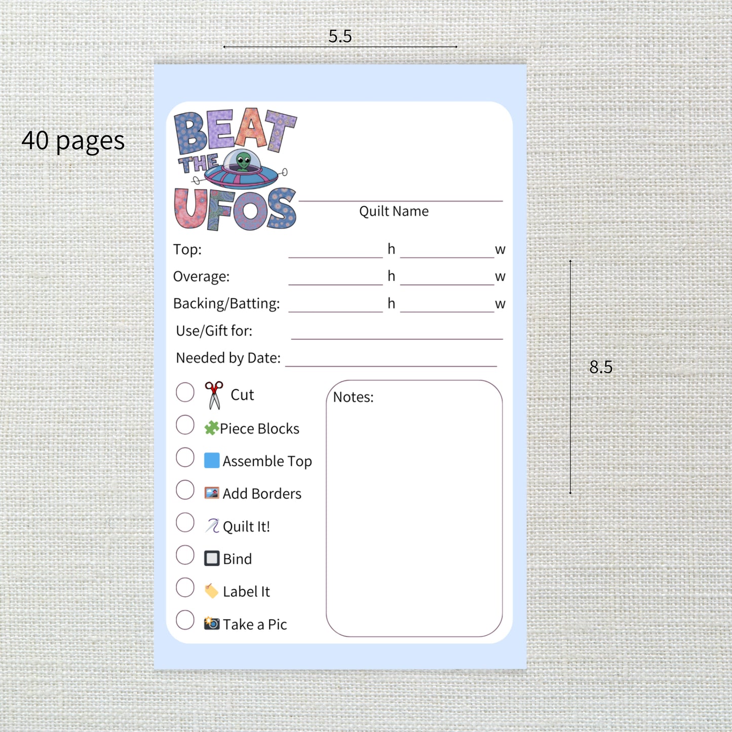 Beat the UFOs Quilting Project Planner - Handmade UFO Tracker for Quilters (Customizable)