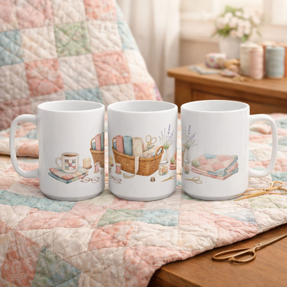 Quilting Basket White 15oz Ceramic Mug