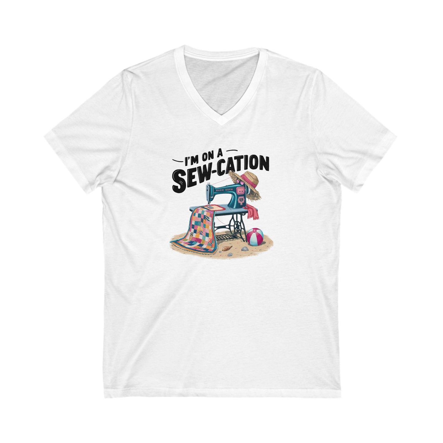 White t-shirt with a graphic design of a sewing machine and text 'I'm on a Sew-cation' on a white background.