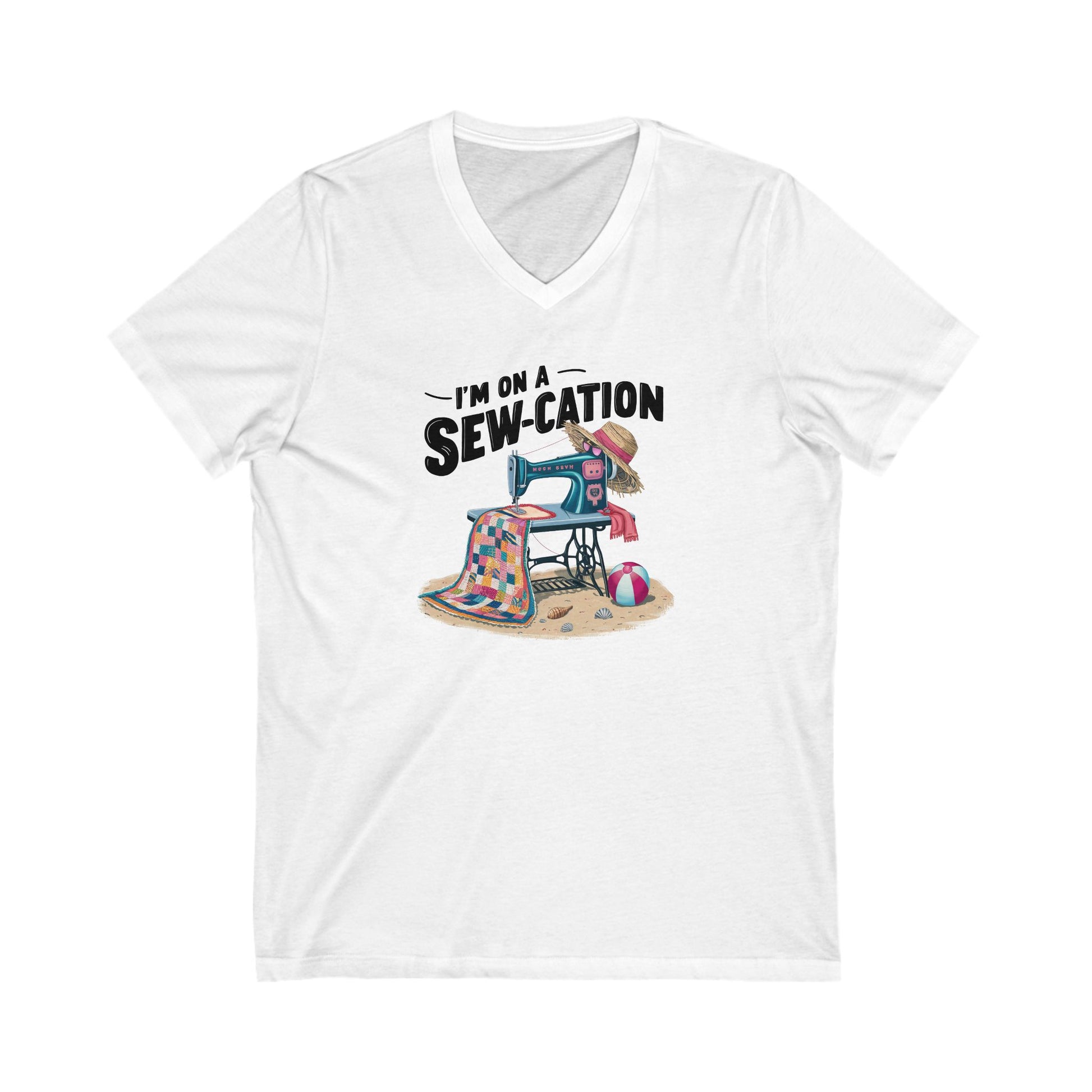 White t-shirt with a graphic design of a sewing machine and text 'I'm on a Sew-cation' on a white background.